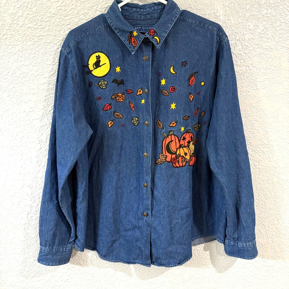 Halloween Embroidered Denim Shirt Black Cat Pumpkin Fall Autumn Button Up Large